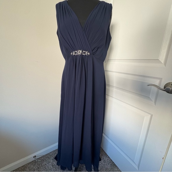 Eliza J Embellished High Low Chiffon Evening Gown Navy Blue